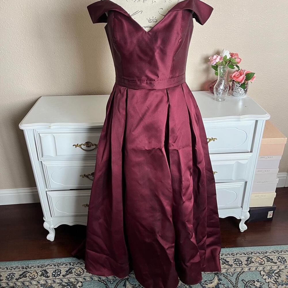 Burgundy off shoulder formal gown